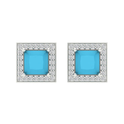 2.24 ctw Turquoise Studs Earrings | 5.5mm Princess Cut White Gold Screw back | December Birthstone