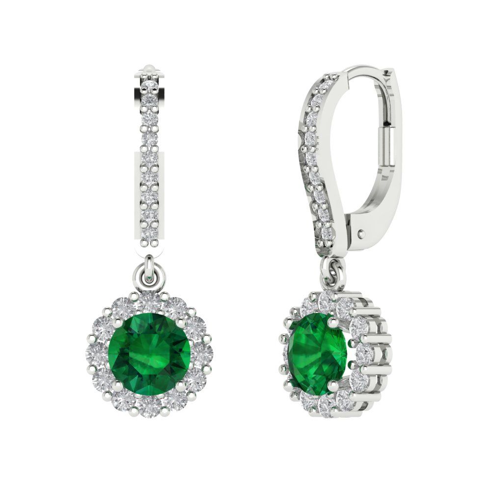2.235 ctw Emerald Drop Dangle Earrings | 6mm Round Cut White Gold Lever Back | May Birthstone