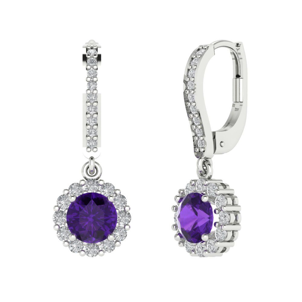 2.235 ctw Amethyst Drop Dangle Earrings | 6mm Round Cut White Gold Lever Back | February Birthstone