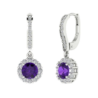 2.235 ctw Amethyst Drop Dangle Earrings | 6mm Round Cut White Gold Lever Back | February Birthstone