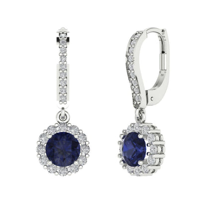 2.235 ctw Blue Sapphire Drop Dangle Earrings | 6mm Round Cut White Gold Lever Back | September Birthstone