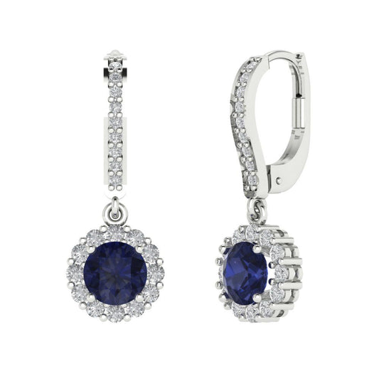 2.235 ctw Blue Sapphire Drop Dangle Earrings | 6mm Round Cut White Gold Lever Back | September Birthstone