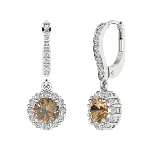 2.235 ctw Champagne Drop Dangle Earrings | 6mm Round Cut White Gold Lever Back | April Birthstone