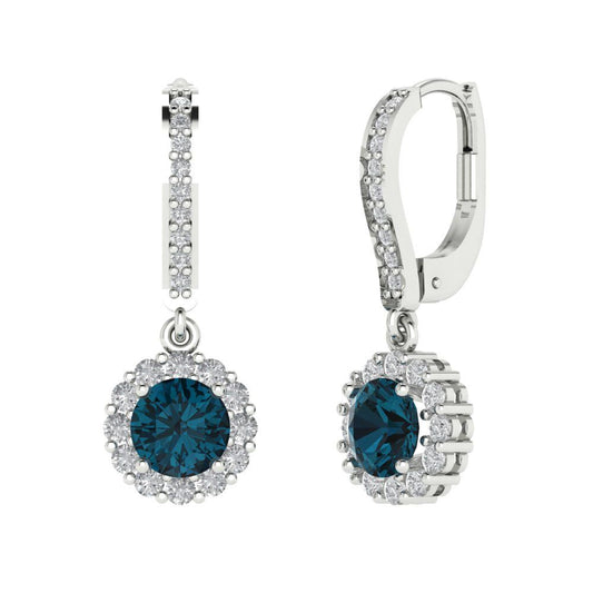 2.235 ctw London Blue Topaz Drop Dangle Earrings | 6mm Round Cut White Gold Lever Back | December Birthstone