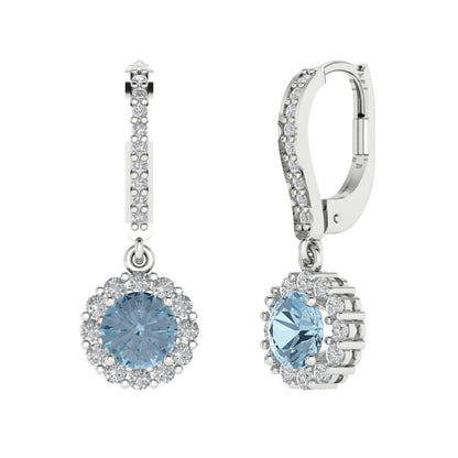 2.235 ctw Blue Zirconia Drop Dangle Earrings | 6mm Round Cut White Gold Lever Back | April Birthstone