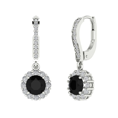 2.235 ctw Onyx Drop Dangle Earrings | 6mm Round Cut White Gold Lever Back | July Birthstone