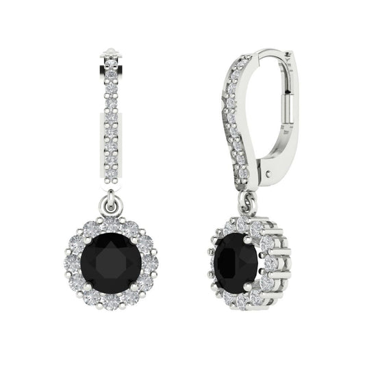 2.235 ctw Onyx Drop Dangle Earrings | 6mm Round Cut White Gold Lever Back | July Birthstone