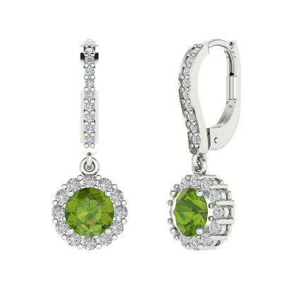 2.235 ctw Peridot Drop Dangle Earrings | 6mm Round Cut White Gold Lever Back | August Birthstone