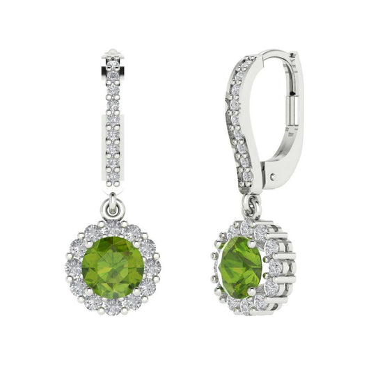 2.235 ctw Peridot Drop Dangle Earrings | 6mm Round Cut White Gold Lever Back | August Birthstone
