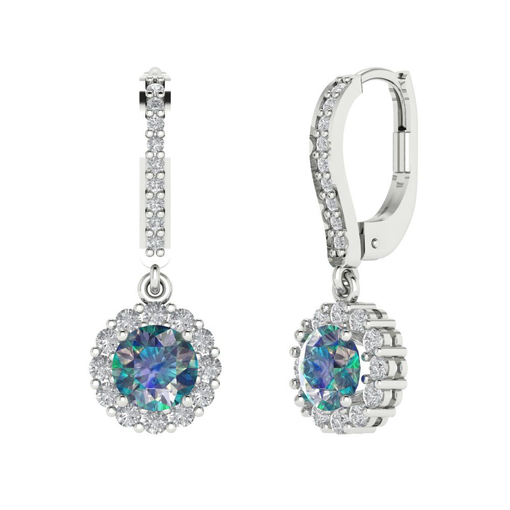 2.235 ctw Blue Moissanite Drop Dangle Earrings | 6mm Round Cut White Gold Lever Back | April Birthstone