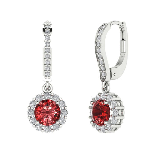 2.235 ctw Garnet Drop Dangle Earrings | 6mm Round Cut White Gold Lever Back | January Birthstone