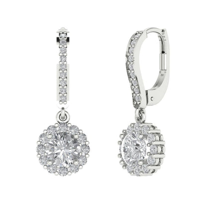 2.235 ctw Zirconia Diamond Drop Dangle Earrings | 6mm Round Cut White Gold Lever Back | April Birthstone