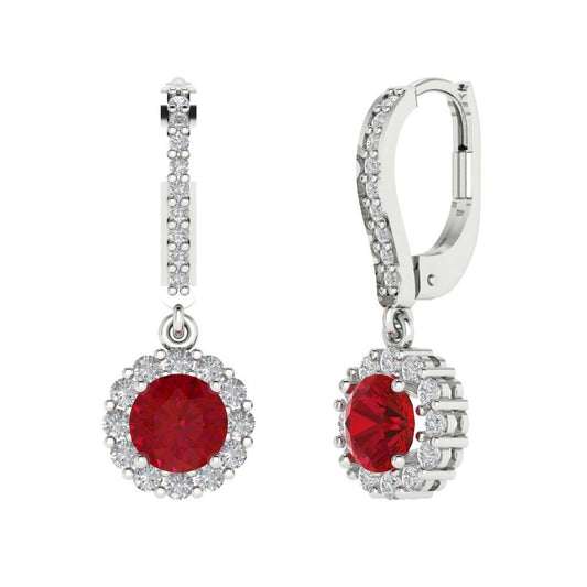 2.235 ctw Ruby Drop Dangle Earrings | 6mm Round Cut White Gold Lever Back | July Birthstone