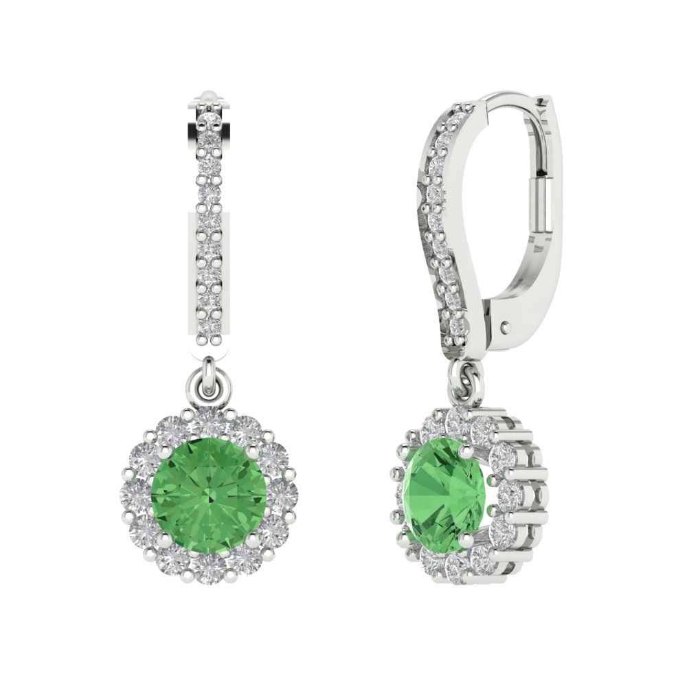 2.235 ctw Green Zirconia Drop Dangle Earrings | 6mm Round Cut White Gold Lever Back | April Birthstone