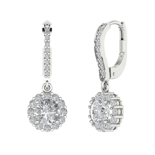 2.235 ctw White Sapphire Drop Dangle Earrings | 6mm Round Cut White Gold Lever Back | April Birthstone