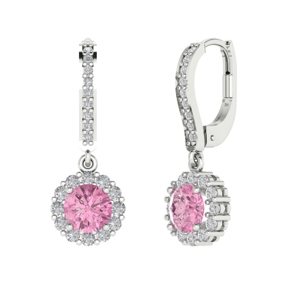 2.235 ctw Pink Zirconia Drop Dangle Earrings | 6mm Round Cut White Gold Lever Back | April Birthstone