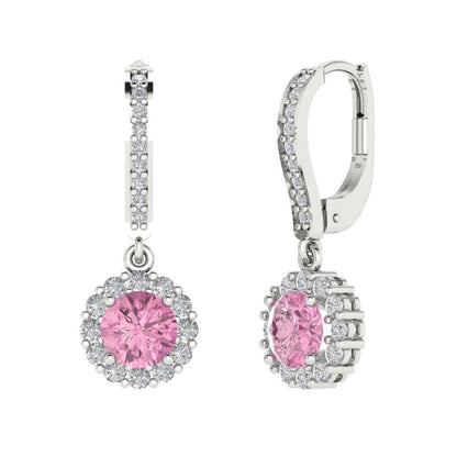 2.235 ctw Pink Zirconia Drop Dangle Earrings | 6mm Round Cut White Gold Lever Back | April Birthstone