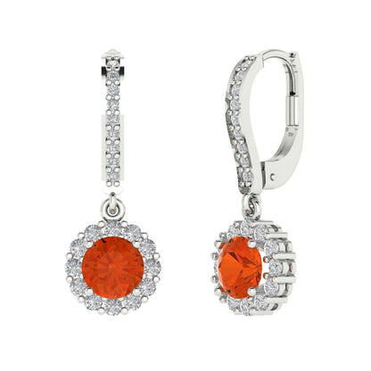 2.235 ctw Red Zirconia Drop Dangle Earrings | 6mm Round Cut White Gold Lever Back | April Birthstone