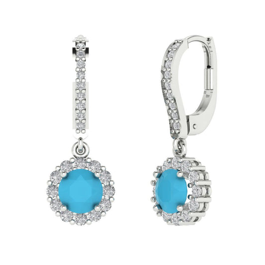 2.235 ctw Turquoise Drop Dangle Earrings | 6mm Round Cut White Gold Lever Back | December Birthstone