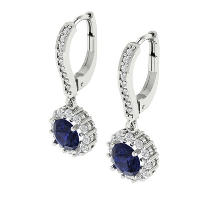 2.235 ctw Blue Sapphire Drop Dangle Earrings | 6mm Round Cut White Gold Lever Back | September Birthstone