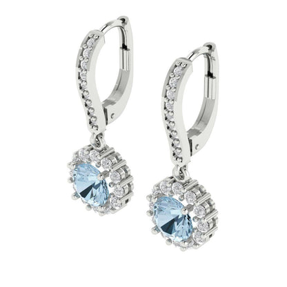 2.235 ctw Swiss Blue Topaz Drop Dangle Earrings | 6mm Round Cut White Gold Lever Back | December Birthstone