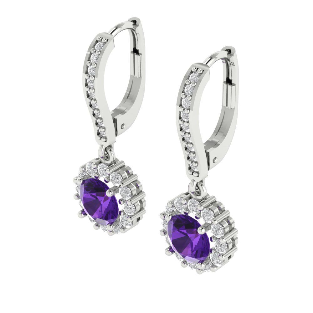 2.235 ctw Amethyst Drop Dangle Earrings | 6mm Round Cut White Gold Lever Back | February Birthstone