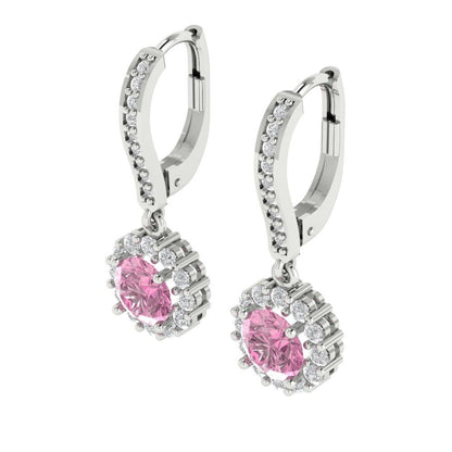 2.235 ctw Pink Zirconia Drop Dangle Earrings | 6mm Round Cut White Gold Lever Back | April Birthstone