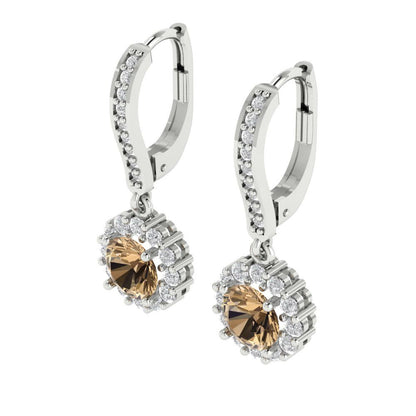 2.235 ctw Champagne Drop Dangle Earrings | 6mm Round Cut White Gold Lever Back | April Birthstone