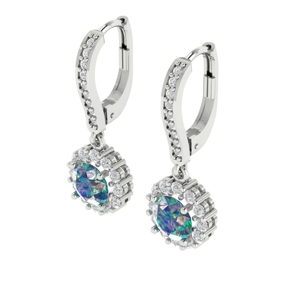 2.235 ctw Blue Moissanite Drop Dangle Earrings | 6mm Round Cut White Gold Lever Back | April Birthstone