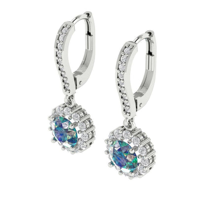 2.235 ctw Blue Moissanite Drop Dangle Earrings | 6mm Round Cut White Gold Lever Back | April Birthstone