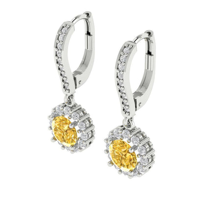2.235 ctw Citrine Drop Dangle Earrings | 6mm Round Cut White Gold Lever Back | November Birthstone