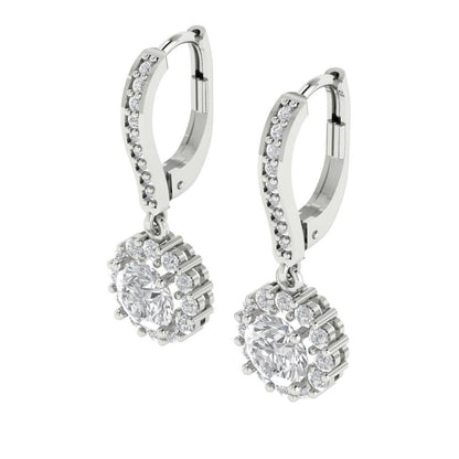 2.235 ctw White Sapphire Drop Dangle Earrings | 6mm Round Cut White Gold Lever Back | April Birthstone
