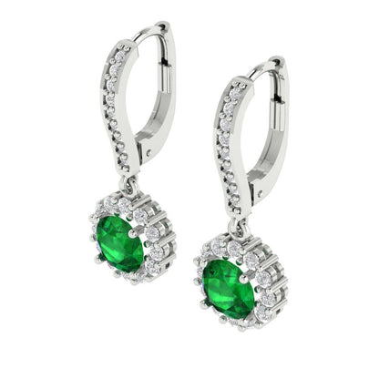 2.235 ctw Emerald Drop Dangle Earrings | 6mm Round Cut White Gold Lever Back | May Birthstone