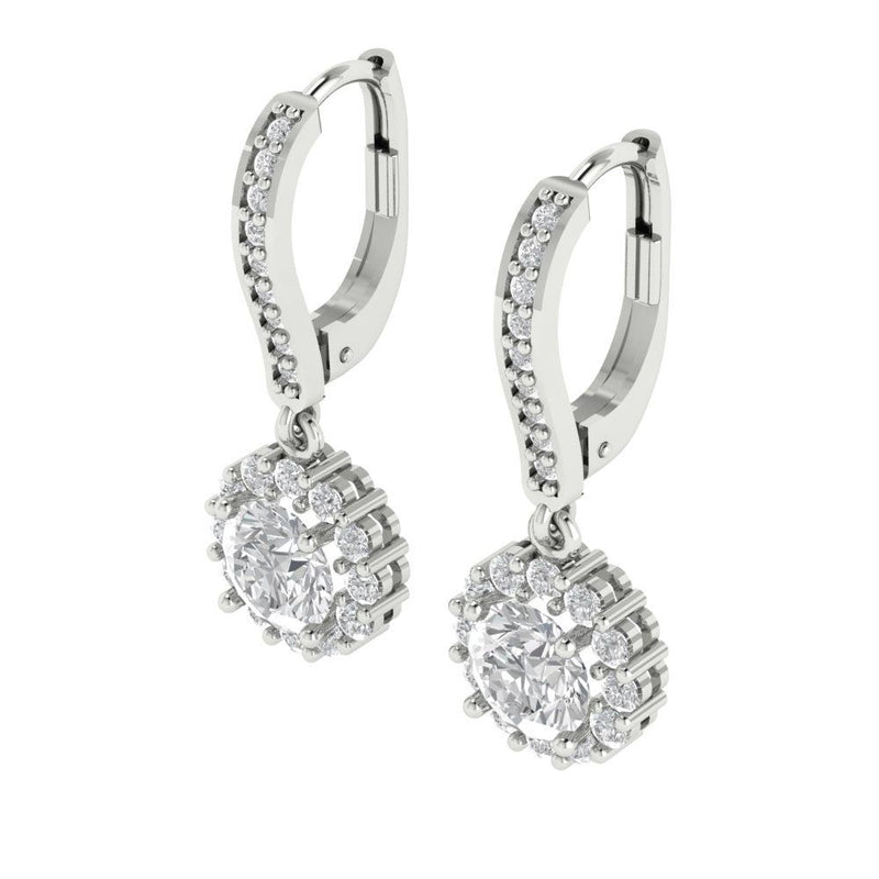 2.0 ct Brilliant Round Cut Halo Drop Dangle Natural Diamond Stone Clarity SI1-2 Color G-H White Gold Earrings Lever Back