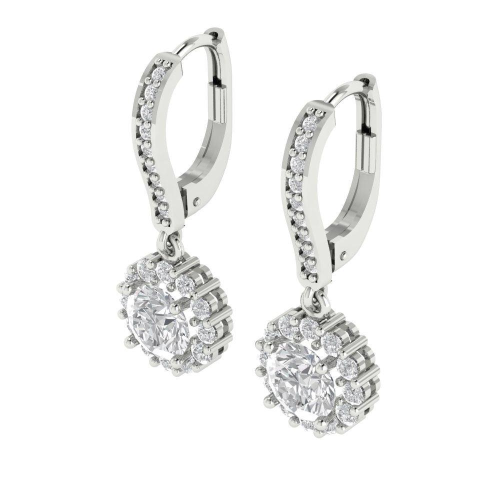 2.235 ctw Zirconia Diamond Drop Dangle Earrings | 6mm Round Cut White Gold Lever Back | April Birthstone