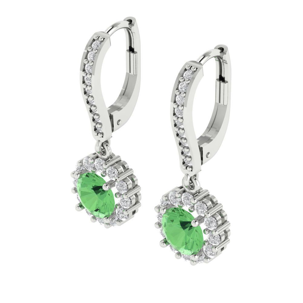 2.235 ctw Green Zirconia Drop Dangle Earrings | 6mm Round Cut White Gold Lever Back | April Birthstone