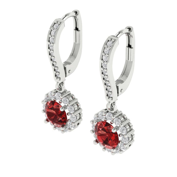 2.25 ct Brilliant Round Cut Halo Drop Dangle Natural Garnet Stone White Gold Earrings Lever Back
