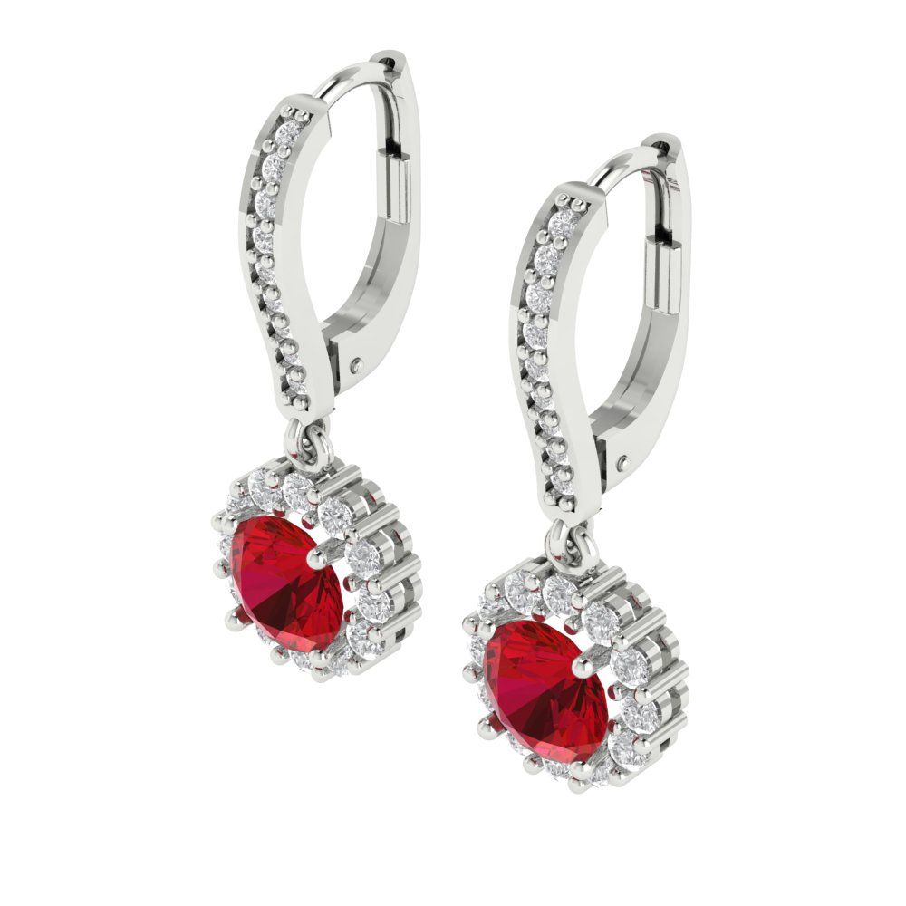 2.235 ctw Ruby Drop Dangle Earrings | 6mm Round Cut White Gold Lever Back | July Birthstone