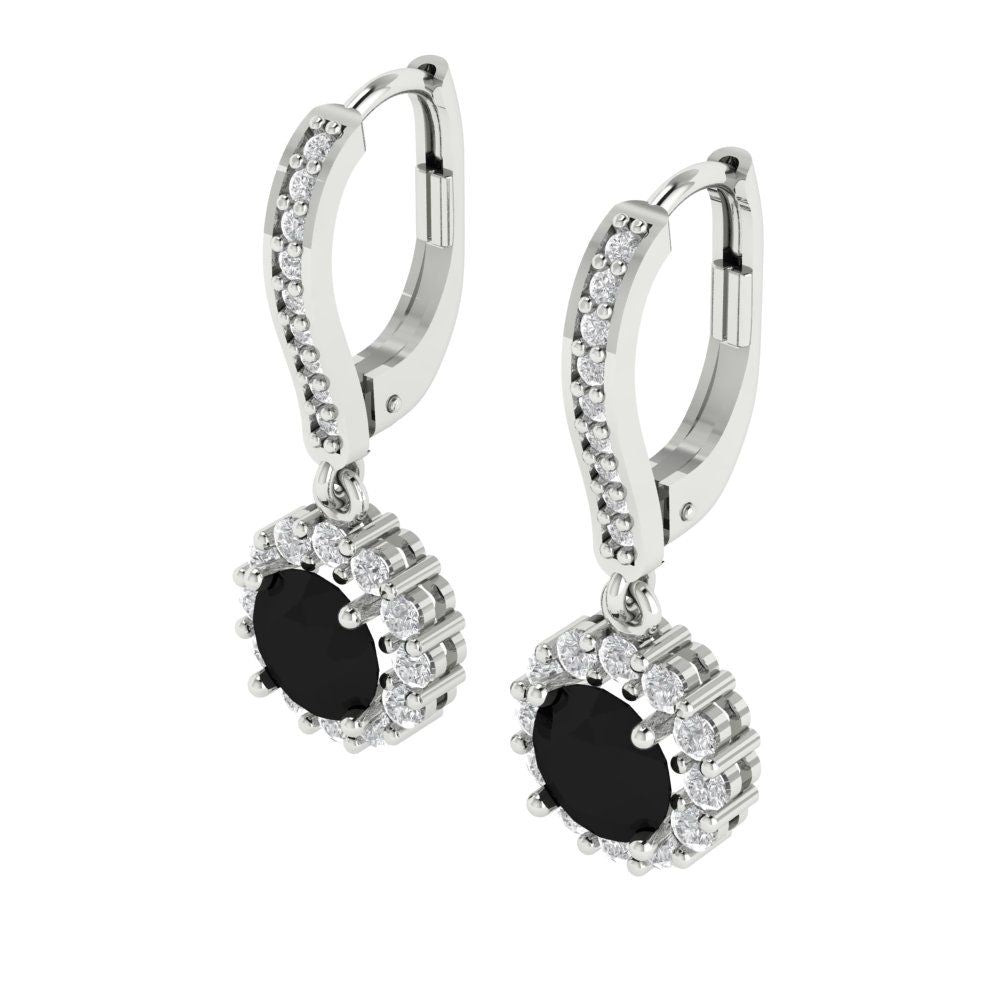 2.235 ctw Onyx Drop Dangle Earrings | 6mm Round Cut White Gold Lever Back | July Birthstone