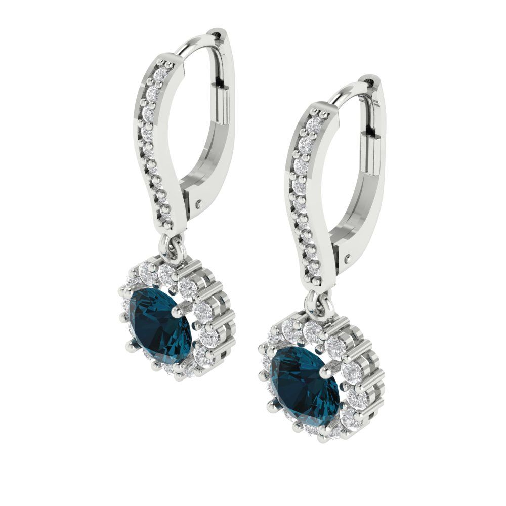 2.235 ctw London Blue Topaz Drop Dangle Earrings | 6mm Round Cut White Gold Lever Back | December Birthstone