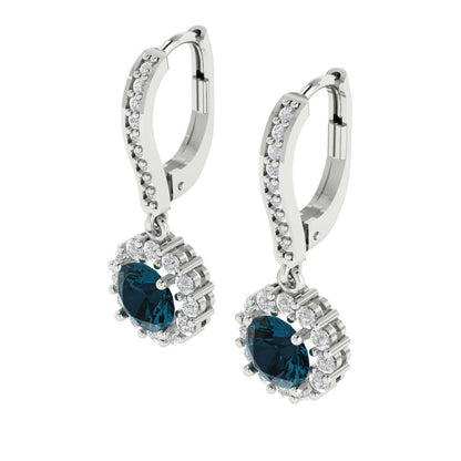 2.235 ctw London Blue Topaz Drop Dangle Earrings | 6mm Round Cut White Gold Lever Back | December Birthstone