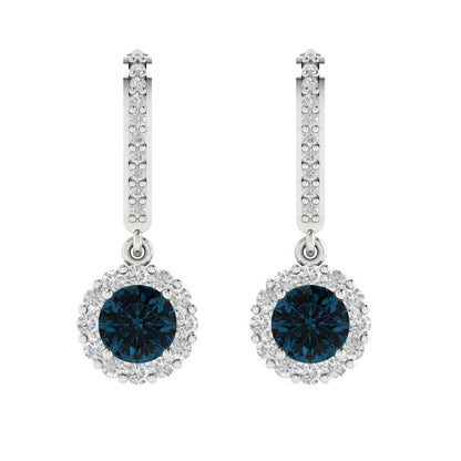 2.235 ctw London Blue Topaz Drop Dangle Earrings | 6mm Round Cut White Gold Lever Back | December Birthstone