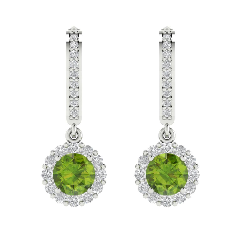 2.235 ctw Peridot Drop Dangle Earrings | 6mm Round Cut White Gold Lever Back | August Birthstone