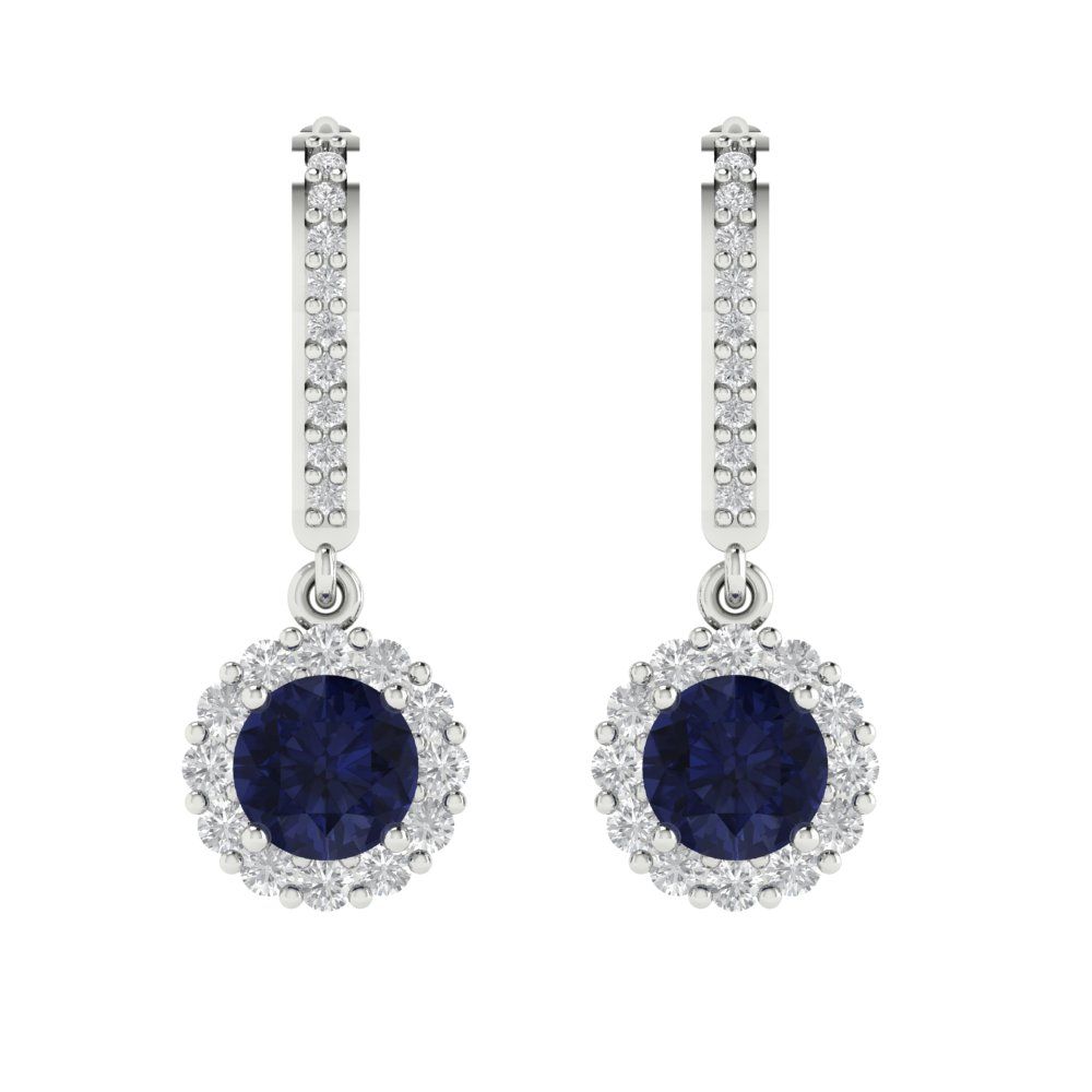 2.235 ctw Blue Sapphire Drop Dangle Earrings | 6mm Round Cut White Gold Lever Back | September Birthstone
