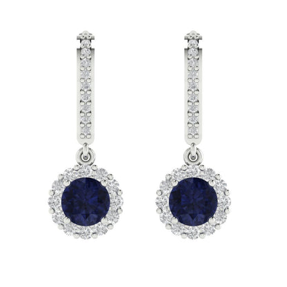 2.235 ctw Blue Sapphire Drop Dangle Earrings | 6mm Round Cut White Gold Lever Back | September Birthstone