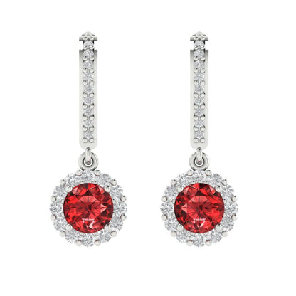2.235 ctw Garnet Drop Dangle Earrings | 6mm Round Cut White Gold Lever Back | January Birthstone