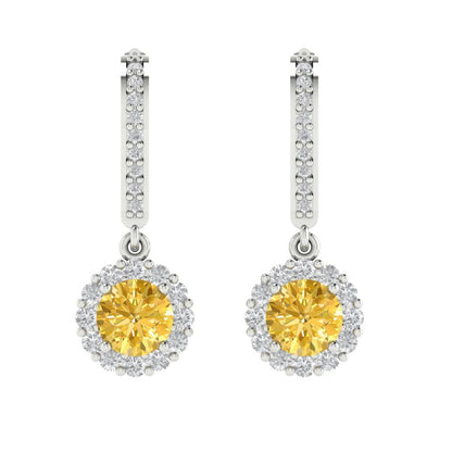 2.235 ctw Citrine Drop Dangle Earrings | 6mm Round Cut White Gold Lever Back | November Birthstone