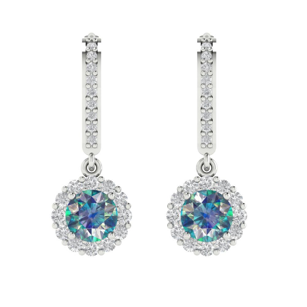 2.235 ctw Blue Moissanite Drop Dangle Earrings | 6mm Round Cut White Gold Lever Back | April Birthstone