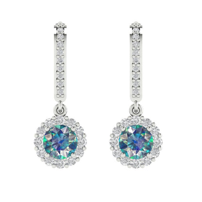 2.235 ctw Blue Moissanite Drop Dangle Earrings | 6mm Round Cut White Gold Lever Back | April Birthstone