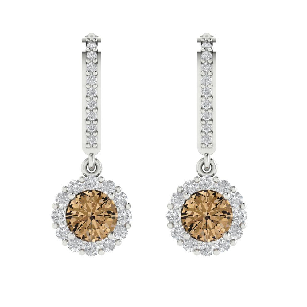 2.235 ctw Champagne Drop Dangle Earrings | 6mm Round Cut White Gold Lever Back | April Birthstone